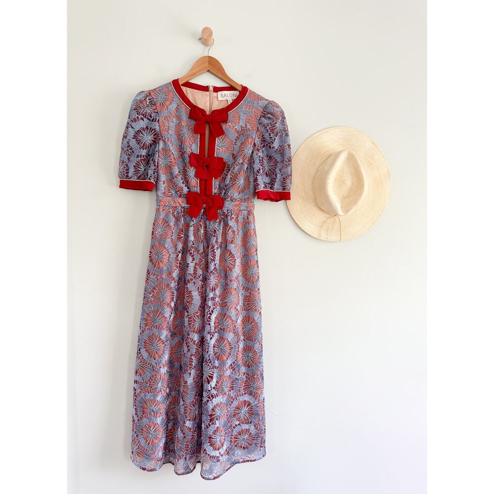 Saloni | Jamie C Embellishment Bows Dress in Blue Carmine | Sz 2 / UK Sz 6 - Picture 2 of 11